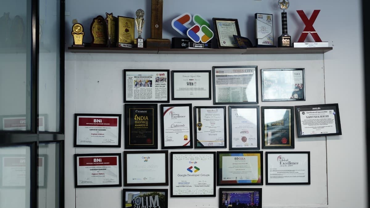 Awards, trophies and press coverage on the wall at the Cubiccode studio