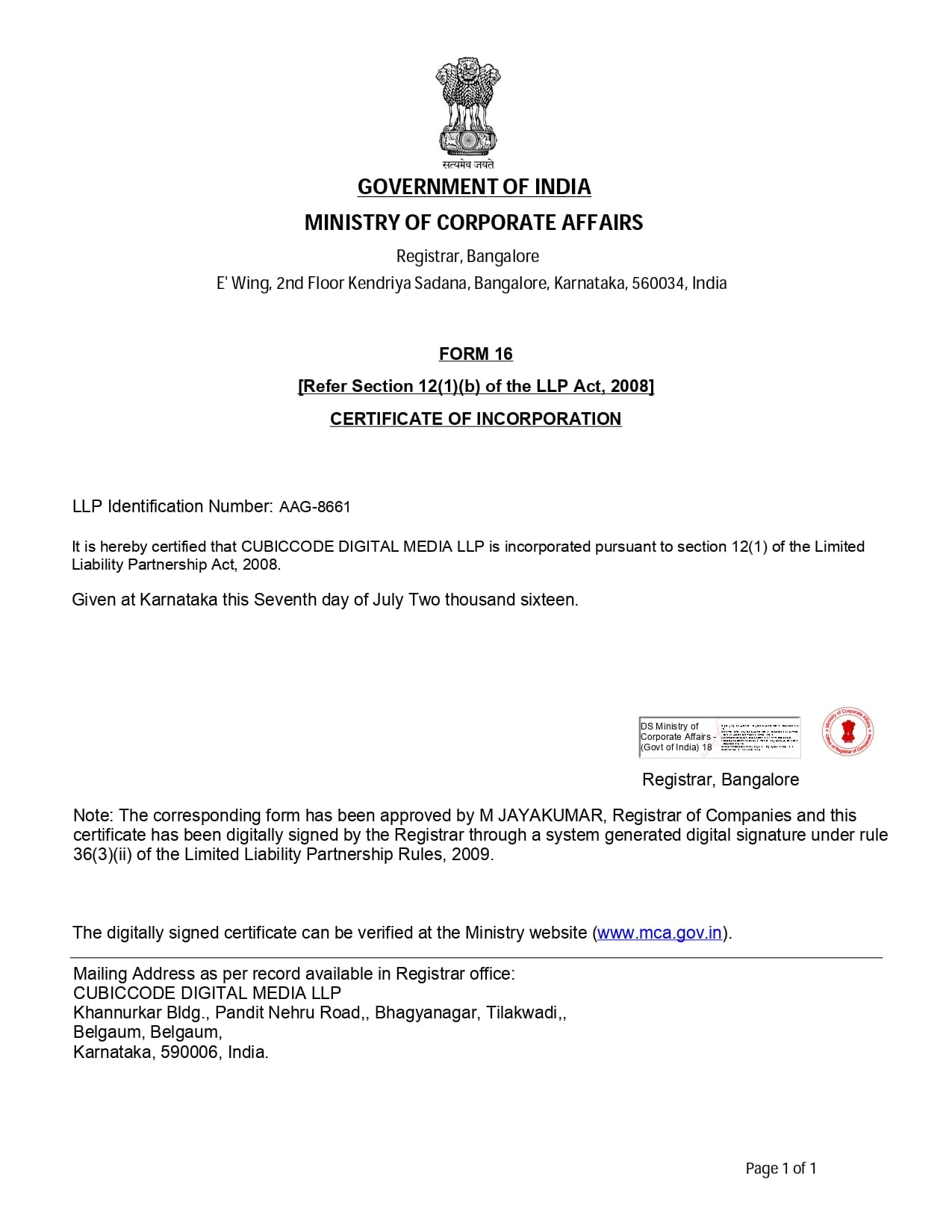 Certificate of Incorporation