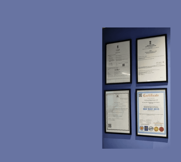 Cubiccode's framed certificates, including the ISO 9001:2015 and incorporation certificates